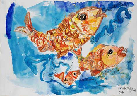 05431 Happy Fishes I - Painted at age 11 - Print on A3 size paper (29.7x42.0cm / 11.6"x 16.5") or A4 size paper (21x29.7 cm/ 21x29.7”)