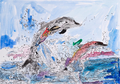13401 Dolphins - Painted in 2013 - Print on A3 size paper (29.7x42.0cm / 11.6"x 16.5") or A4 size paper (21x29.7 cm/ 21x29.7”)