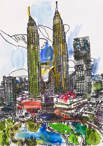 07101 Kuala Lumpur Twin Towers - Painted in 2007 at age 13  - Print on A2 Fine Art Paper (42x59.4cm/ 16.5x23.3") or A1 Fine Art Paper (59.4x84.1cm/ 23.3x 33.1”) or A0 (84.1x118.9cm/33.1x46.8”) - Limited Edition