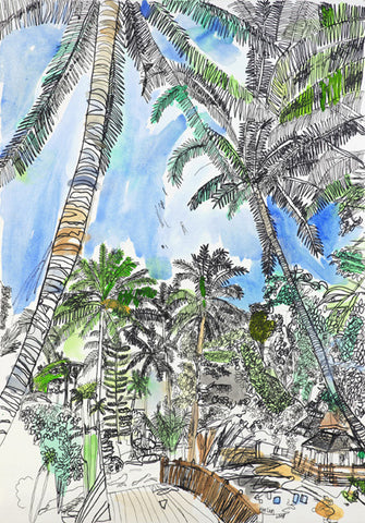 09902 Coconut Trees - Painted at age 15 - Print on A3 size paper (29.7x42.0cm / 11.6"x 16.5") or A4 size paper (21x29.7 cm/ 21x29.7”)