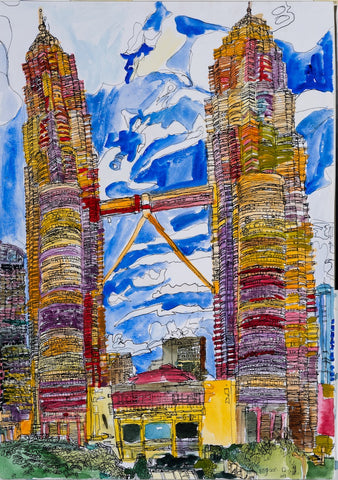 Original 13100 KL Twin Towers  - Painted in 2013 -  A2 size - 42x59cm (16.5x23.2 inches)
