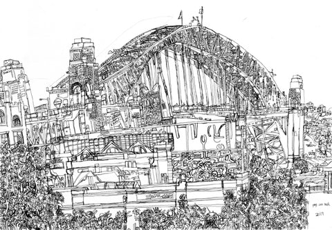 19001 Sydney Opera House and Harbour Bridge - Drawn in 19001 -Print on A3 size paper (29.7x42.0cm / 11.6"x 16.5") or A4 size paper (21x29.7 cm/ 21x29.7”)