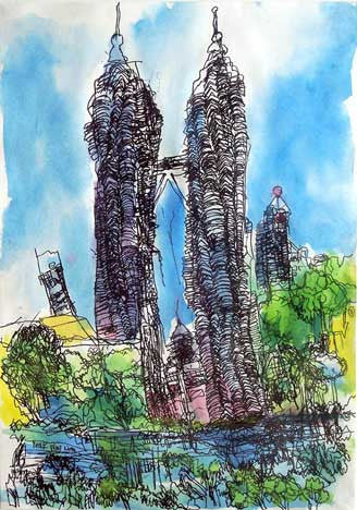 04132 Twin Towers IV - Painted at age 10 - A3 Paper - 29.7x42.0cm / 11.6"x 16.5" ( Limited Edition)