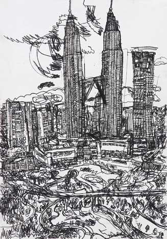06102 Kuala Lumpur Twin Towers @ New York 06-II (B/W) - Drawn at age 12 -- Print on A3 size paper (29.7x42.0cm / 11.6"x 16.5") or A4 size paper (21x29.7 cm/ 21x29.7”)