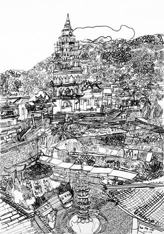 09102 Kek Lok Si Temple, Malaysia - Drawn at age 15 -- Print on A3 Size Paper (29.7x42.0cm / 11.6"x 16.5")  or A4 size paper (21x29.7 cm/ 21x29.7”)