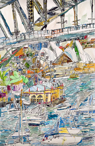 11005 Sydney Opera House , Harbour Bridge & Lunar Park - Painted in 2011 -- Print on A2 Fine Art Paper (42x59.4cm/ 16.5x23.3") or A1 (59.4x84.1cm/ 23.3x 33.1”) or A0 (84.1x118.9cm) - Limited Edition - Also available for sale at Argyle Gallery, Sydney.