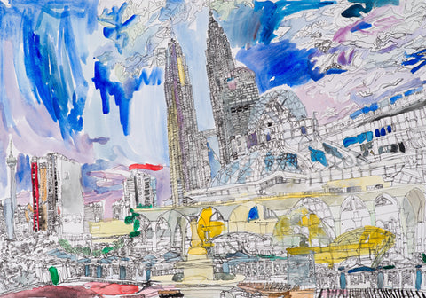 Original 12102 Kuala Lumpur Twin Towers and As-Syakirin Mosque, Malaysia - Painted in 2014