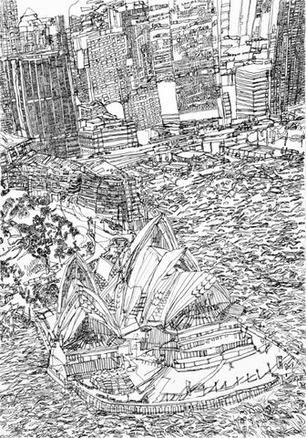 13002 BW Sydney Opera House - Drawn in 2013 - Print on A3 size paper (29.7x42.0cm / 11.6"x 16.5") or A4 size paper (21x29.7 cm/ 21x29.7”)