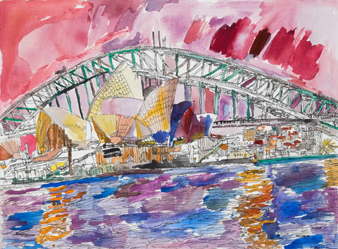 14008 Sydney Opera House and Harbour Bridge - Painted in 2014 -- Print on A3 size paper (29.7x42.0cm / 11.6"x 16.5") or A4 size paper (21x29.7 cm/ 21x29.7”)